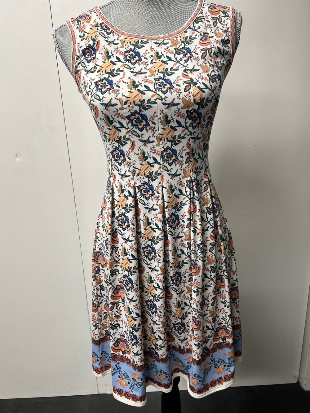Max Studio Sleeveless Floral Fit-and-Flare Dress in White, Blue, Yellow